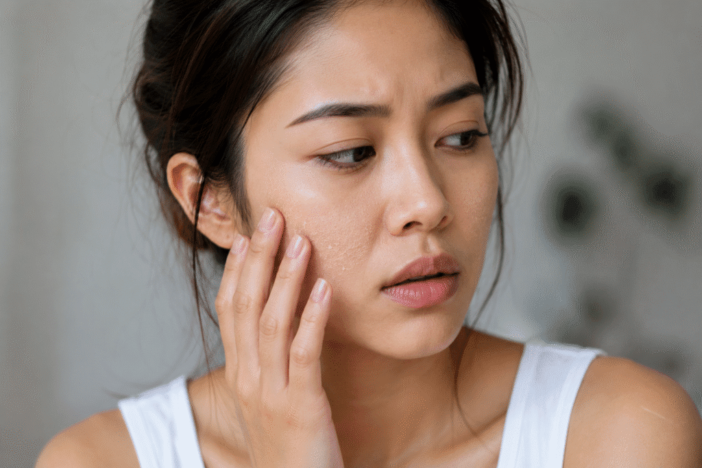 Can Makeup Cause Wrinkles? Truth About Skin Aging 5 Woman with dry skin showing the effects of skipping moisturizer.