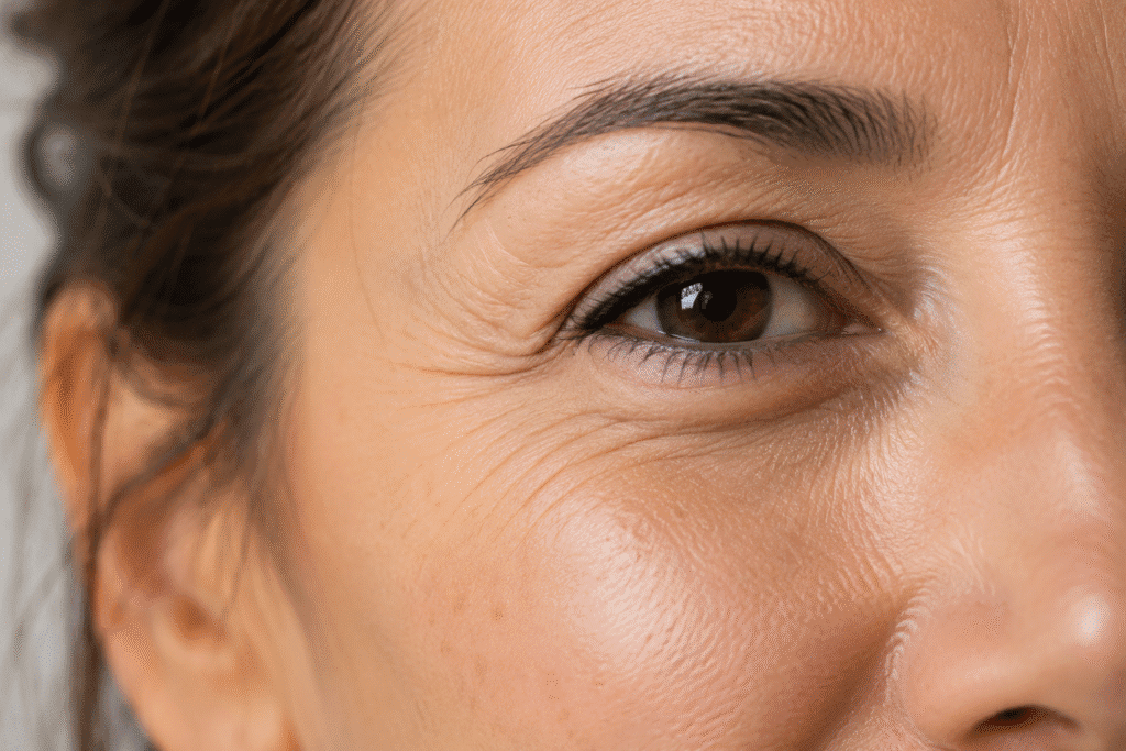 Can Makeup Cause Wrinkles? Truth About Skin Aging 7 Close-up of fine wrinkles around a woman's eyes.
