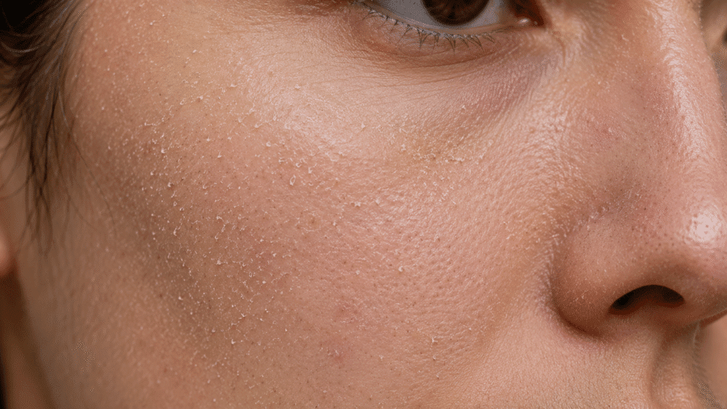 Close-up of facial skin with visible dead skin cell buildup.