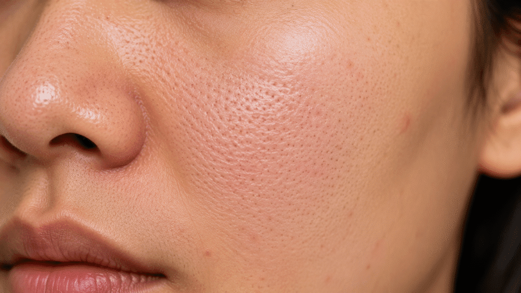 Close-up of facial skin with enlarged pores.