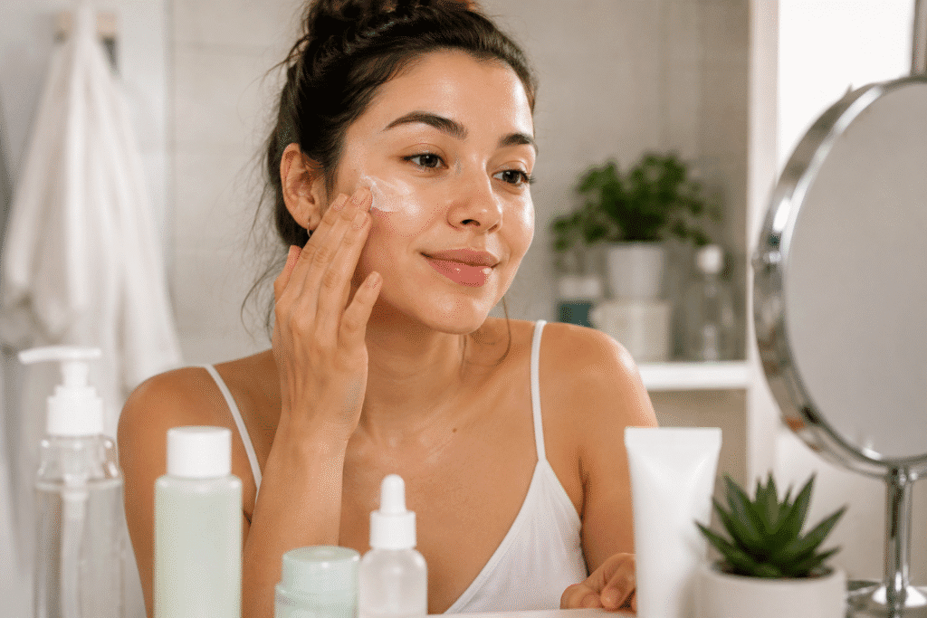 Woman applying skincare products