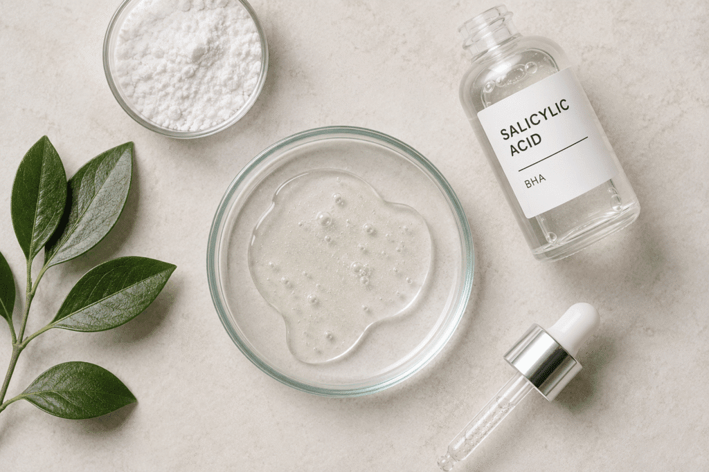 Flat lay of salicylic acid skincare ingredient.