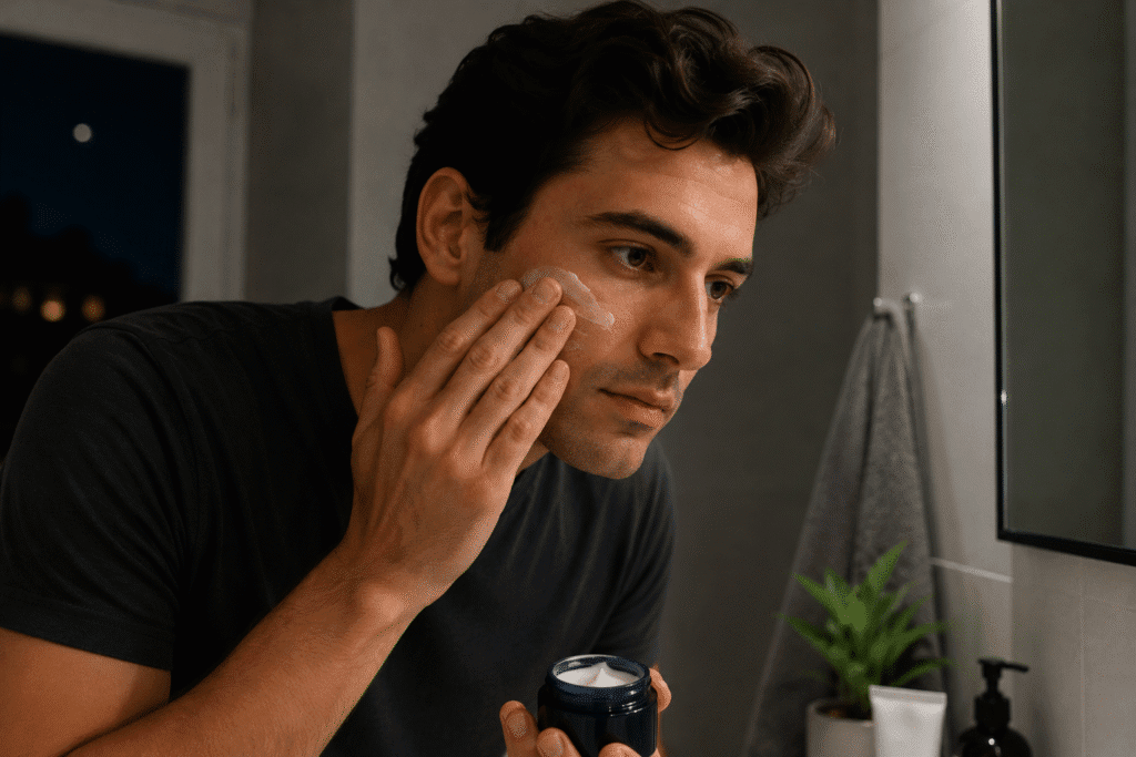 How to Eliminate Razor Bumps on Face: A Complete Guide for Smooth, Healthy Skin 5 Man applying moisturizer to his face during his nighttime skincare routine.