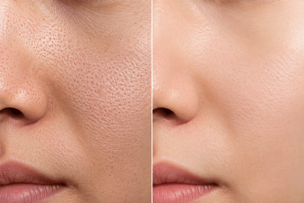 How to Shrink Pores: Causes, Treatments, and Tips 2 Before-and-after close-up comparison of facial skin showing enlarged pores