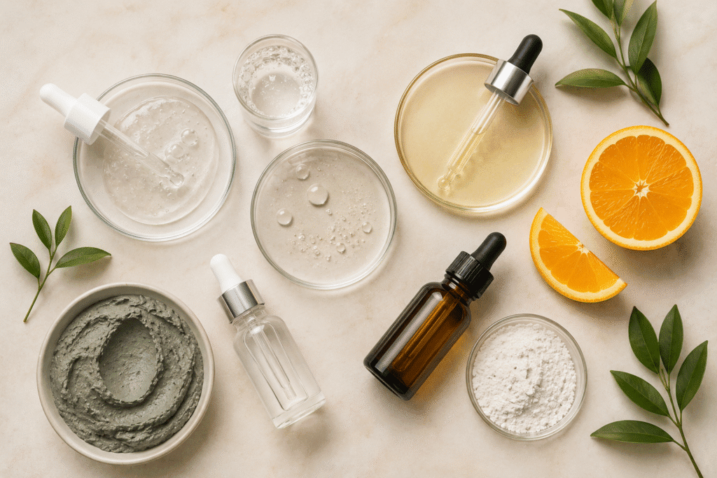 How to Shrink Pores: Causes, Treatments, and Tips 4 Flat lay of skincare ingredients
