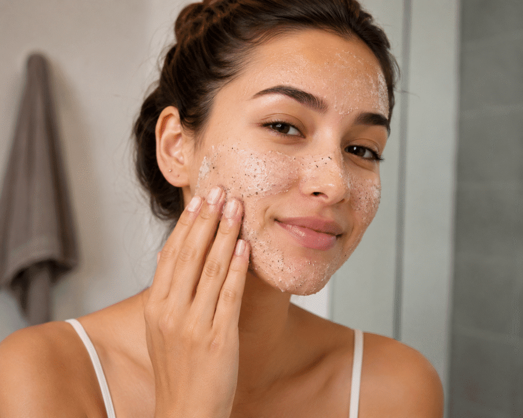 How to Shrink Pores: Causes, Treatments, and Tips 5 Woman applying a facial exfoliator to her face