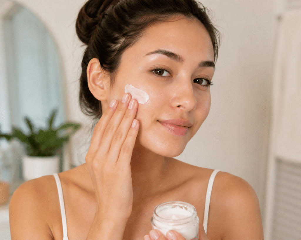 A girl applying moisturizer