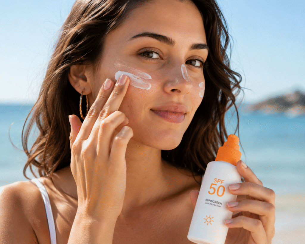 Hyperpigmentation on Face: Causes, Treatments, Prevention 8 Woman applying sunscreen to her face