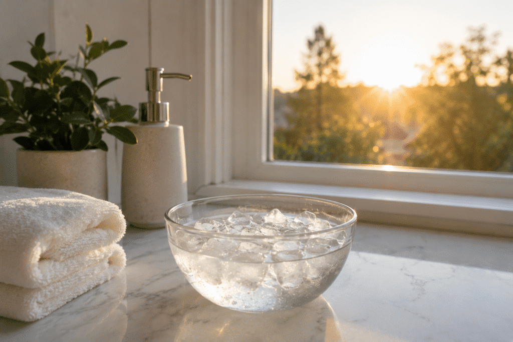 Bowl of ice water for a facial ice bath in the morning.