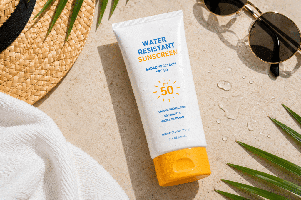 Flat lay image of water resistant sunscreen
