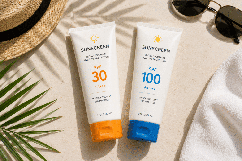 Flat lay of SPF 30 and SPF 100 sunscreen tubes.