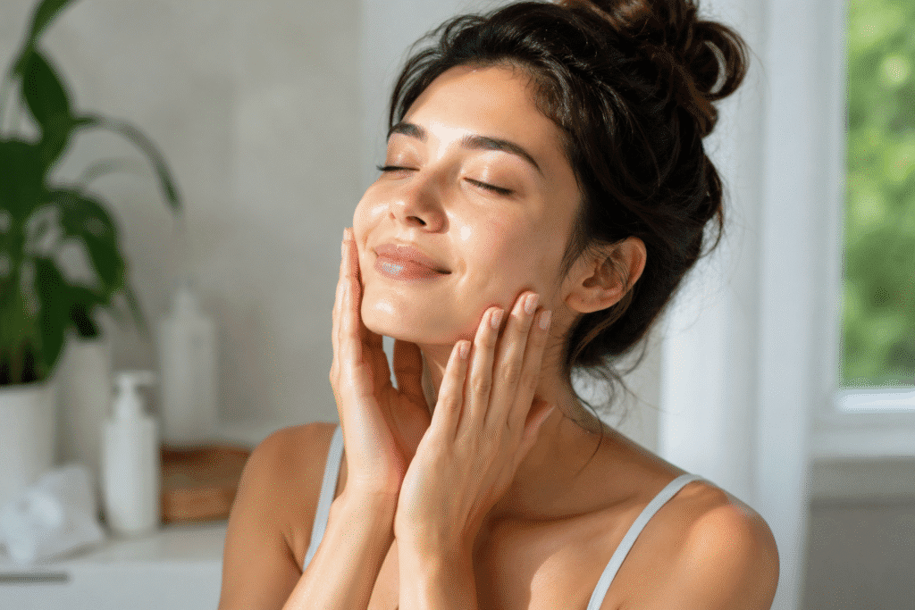 Woman touching her refreshed, glowing face.