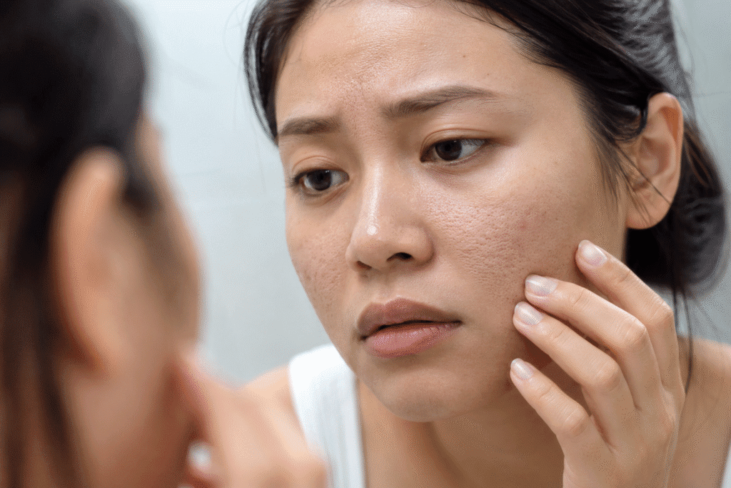 Woman examining visible enlarged pores on her face.
