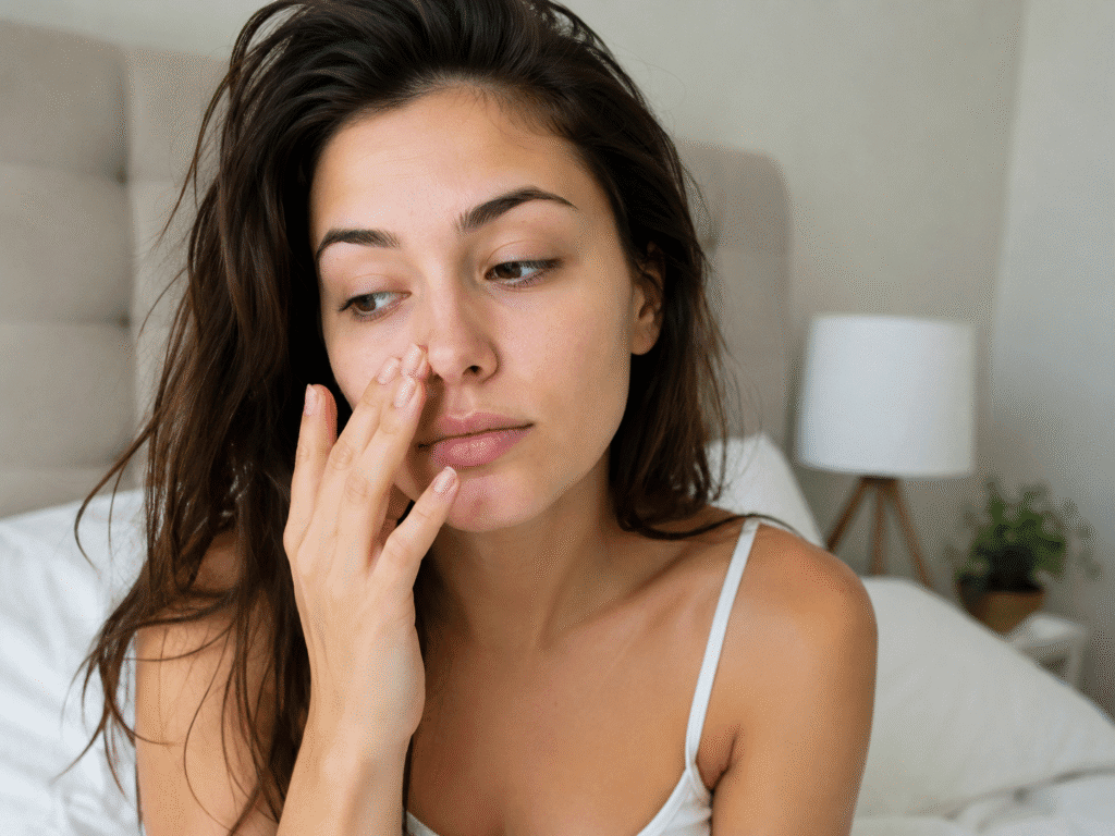Woman touching her nose after waking up.