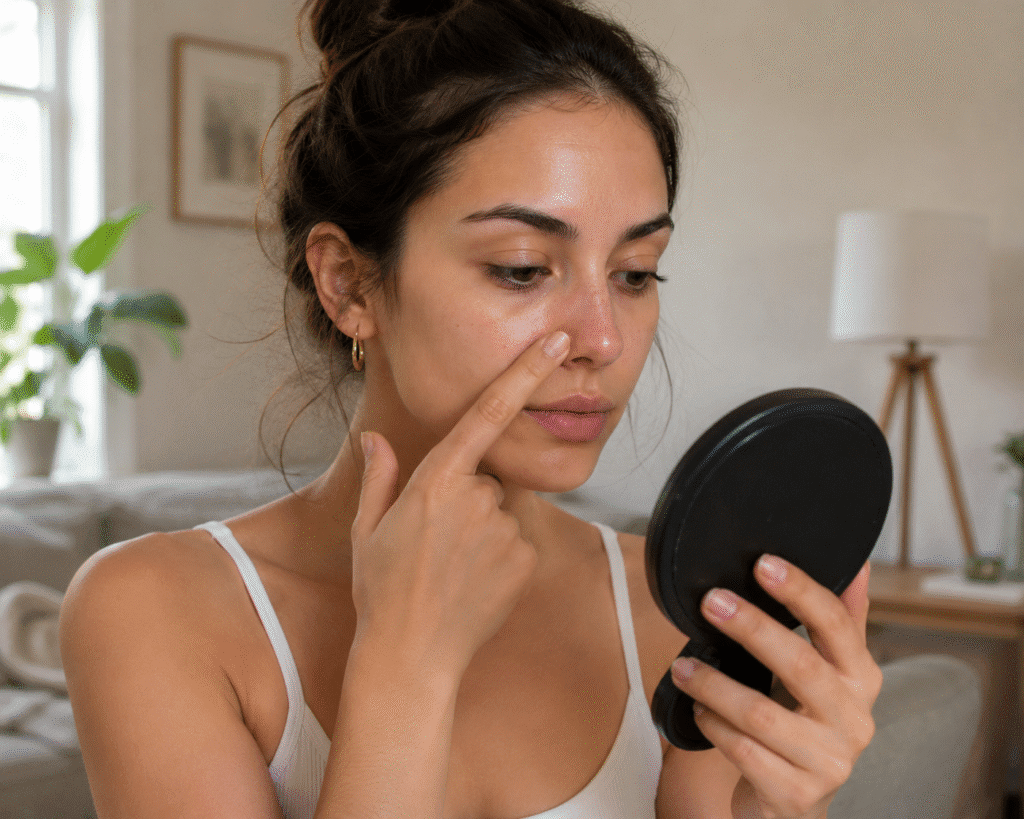 Girl checking her oily nose during afternoon
