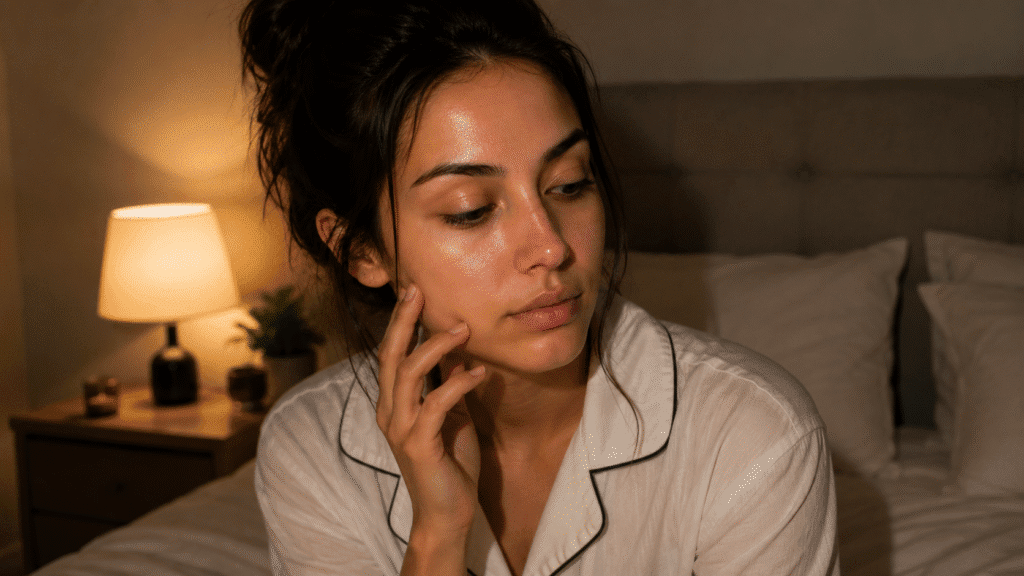 Woman with an oily nose preparing for bed.