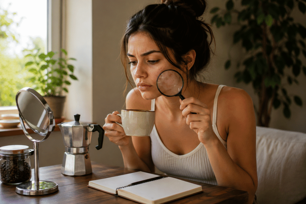 Does Coffee Cause Acne? Let's Investigate 1 Woman examining acne while holding a cup of coffee.
