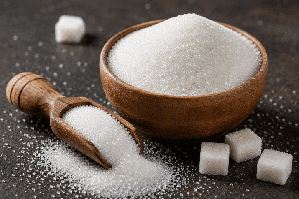 Does Coffee Cause Acne? Let's Investigate 2 Bowl and scoop filled with granulated sugar.
