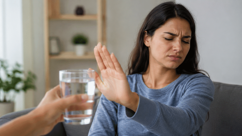 Does Coffee Cause Acne? Let's Investigate 6 Woman refusing a glass of water.
