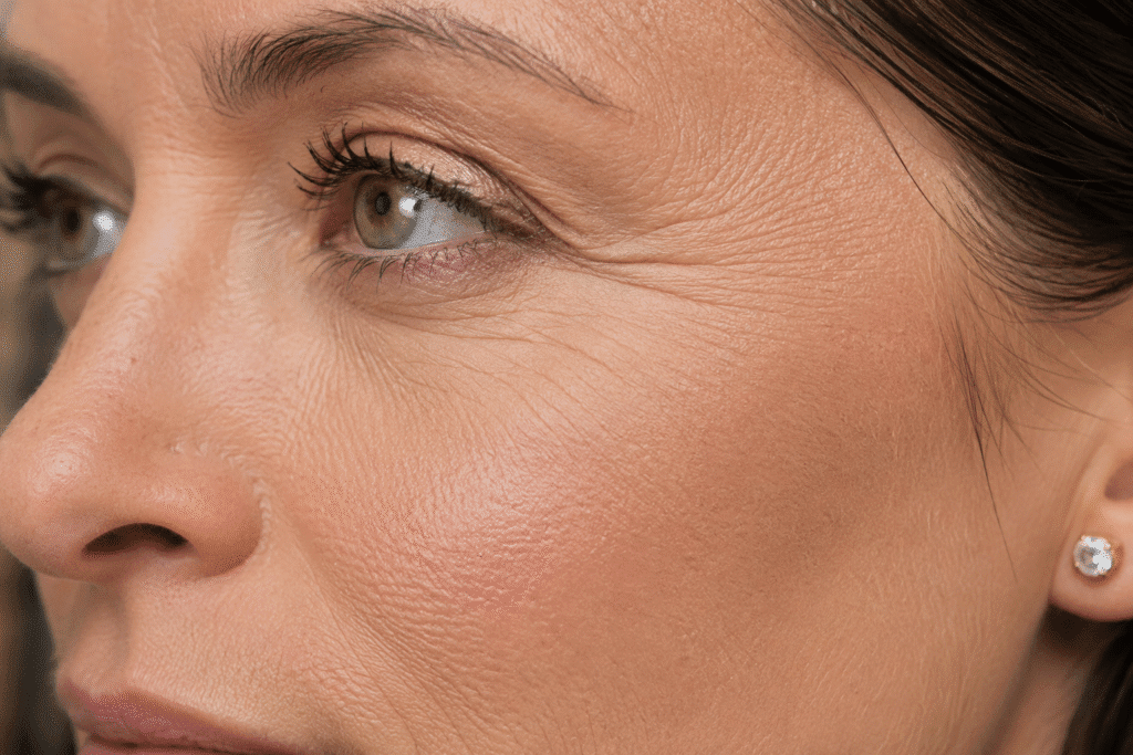 Foundation settling into fine lines.