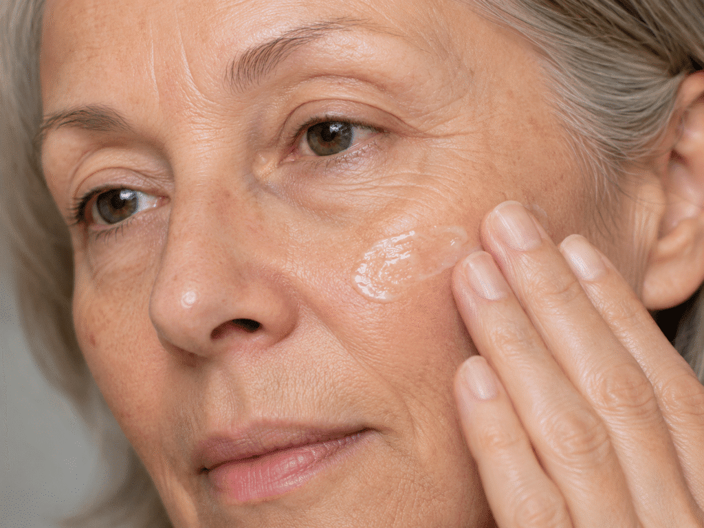 Mature woman applying primer to bare skin.