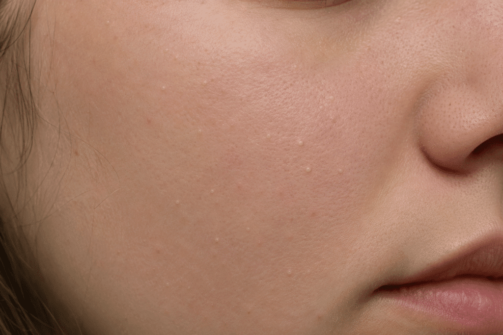 Whiteheads vs Blackheads: Differences, Causes, and Treatments 2 Close up photo of whiteheads