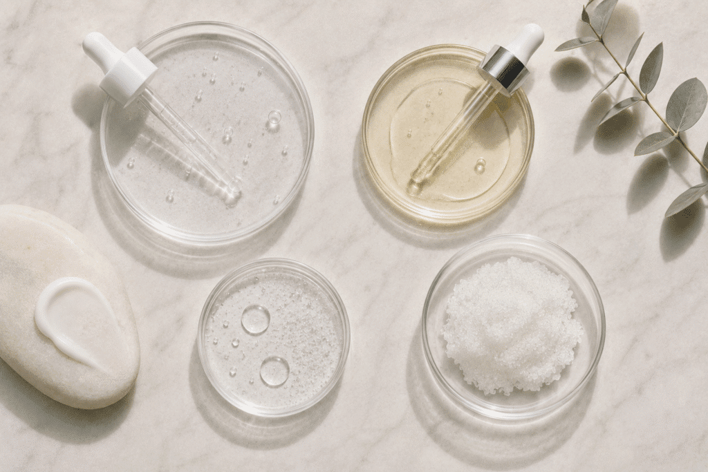 Whiteheads vs Blackheads: Differences, Causes, and Treatments 4 Flat lay of skincare ingredients