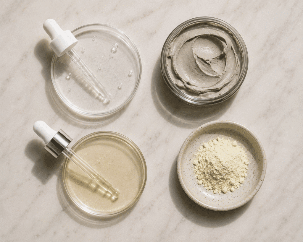 Whiteheads vs Blackheads: Differences, Causes, and Treatments 5 Flat lay of skincare ingredients