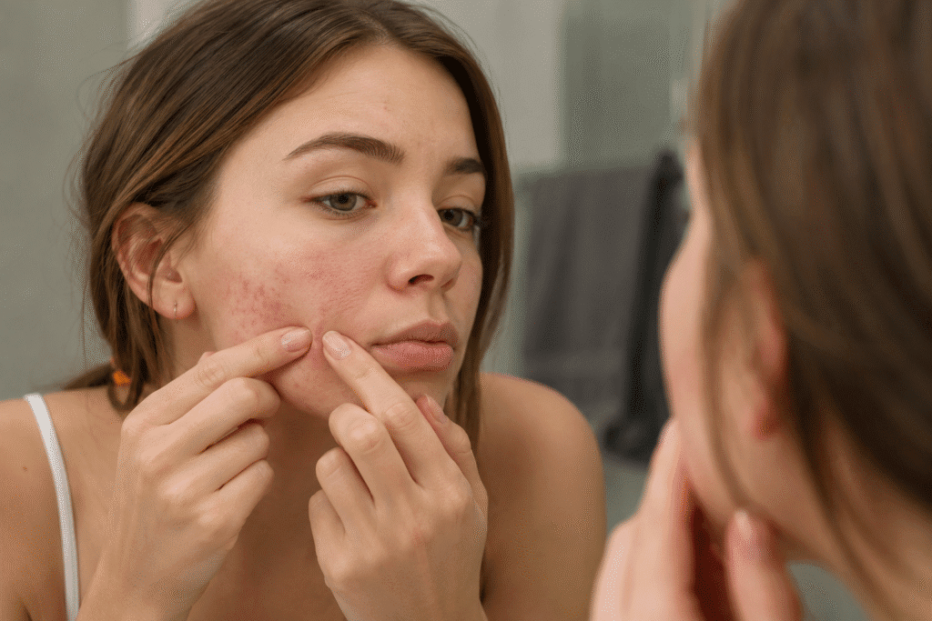 Whiteheads vs Blackheads: Differences, Causes, and Treatments 7 Girl picking her blemishes