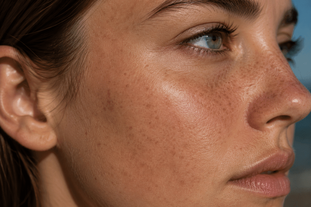 Young woman with visible sun damage and dark sunspots on her face.