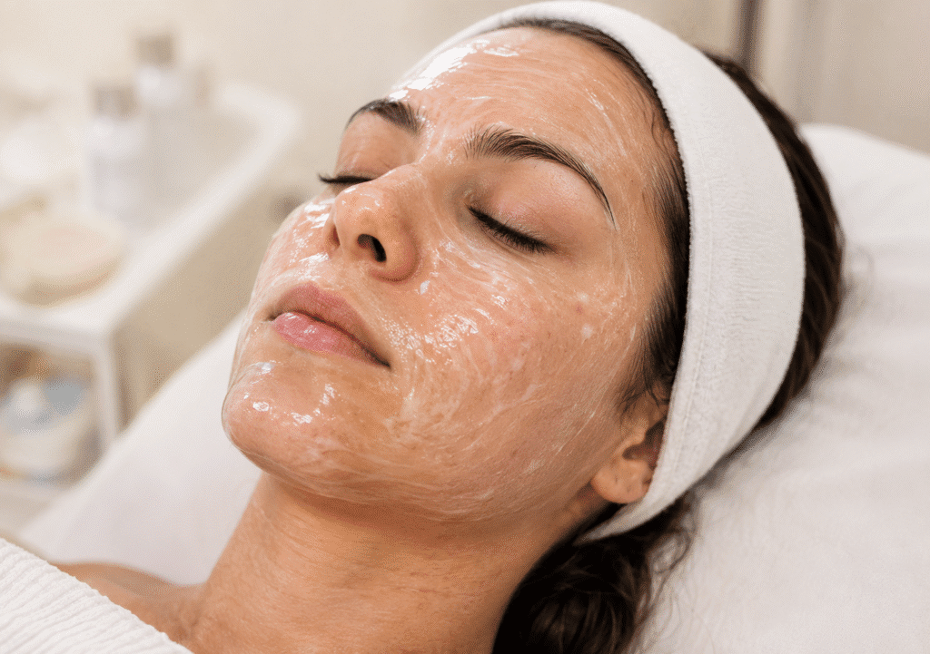 Woman receiving a chemical peel treatment.
