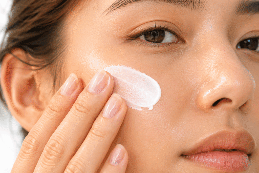 Close-up of sunscreen being applied to a woman's cheek.