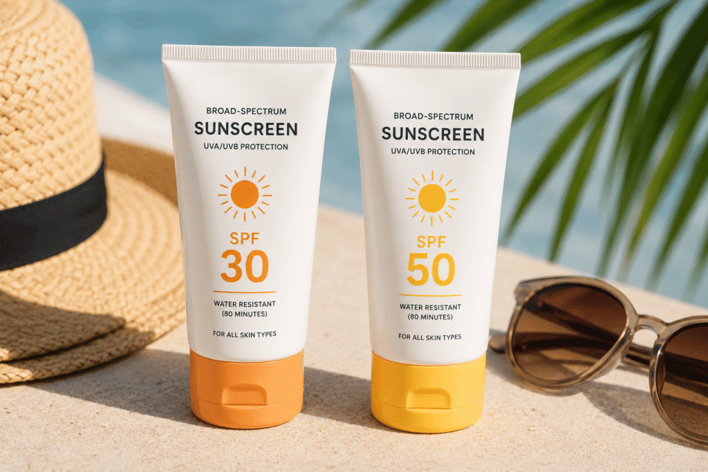 Two broad-spectrum sunscreen bottles labeled SPF 30 and SPF 50.