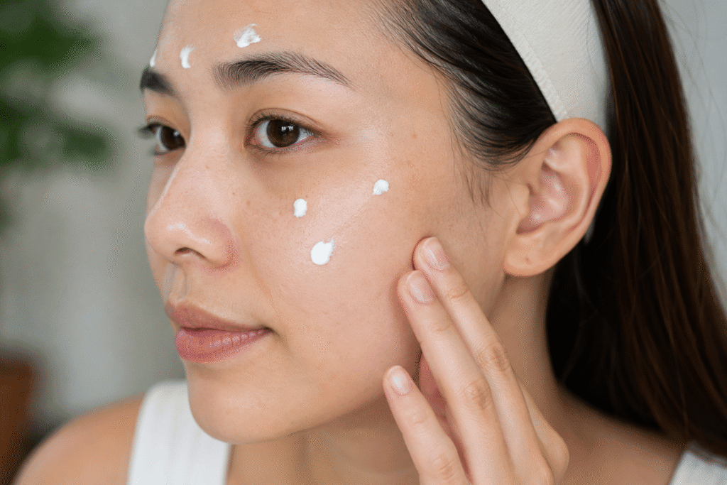 Woman applying too little sunscreen to her face.