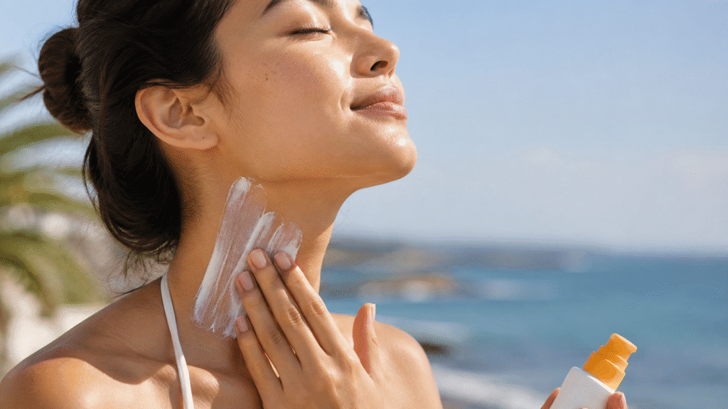Woman applying sunscreen on her neck