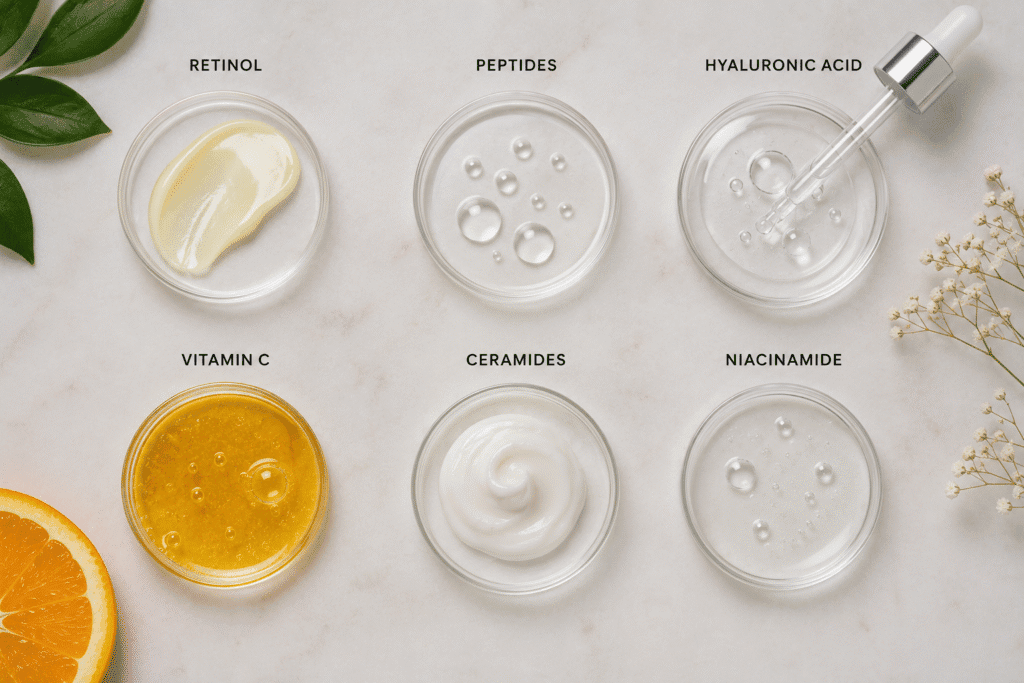 Flat lay of skincare ingredients
