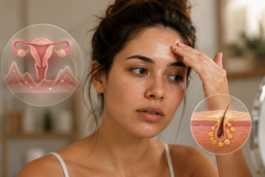Why Is My Forehead So Oily? Causes and Skincare Tips 3 Woman with an oily forehead illustrating how hormonal changes can increase oil production.