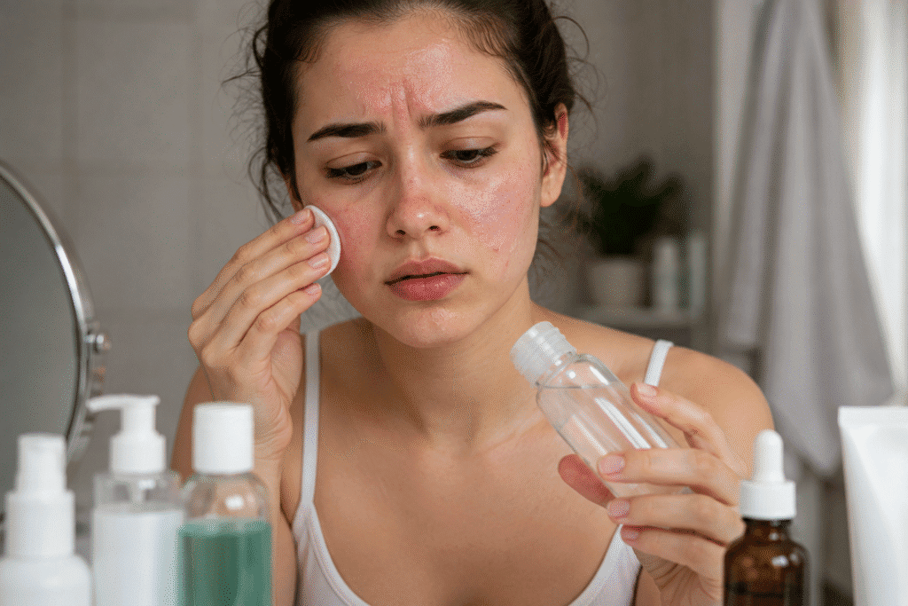 Why Is My Forehead So Oily? Causes and Skincare Tips 5 Woman using harsh skincare products