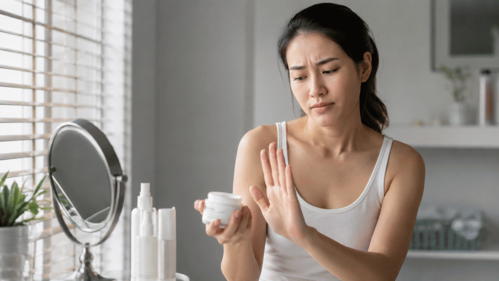 Why Is My Forehead So Oily? Causes and Skincare Tips 7 Woman skipping moisturizer during her skincare routine