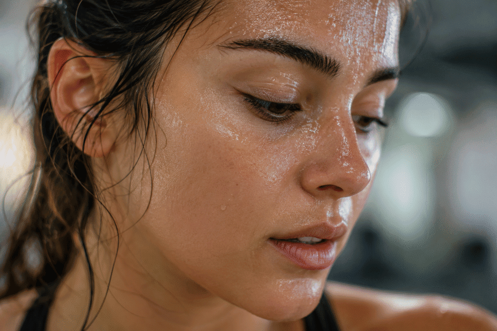 Close-up of a woman's face with natural sweat after exercise.