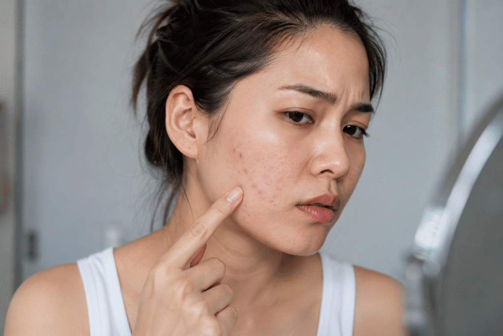 Woman pointing to her acne