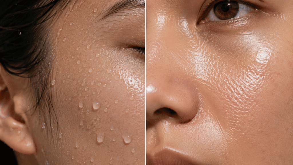 close-up of facial sweat and oily skin.