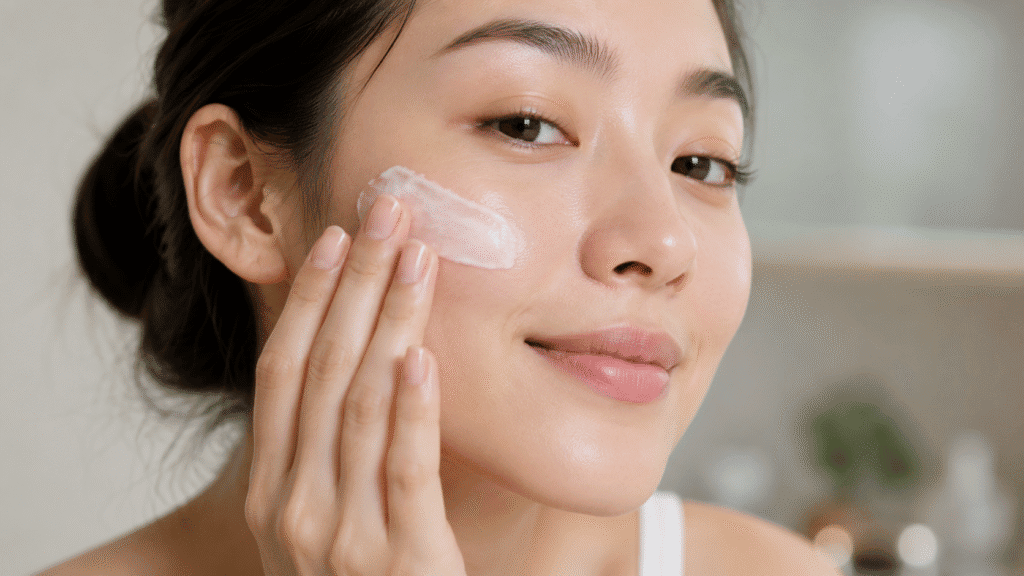 Girl applying moisturizer to her face