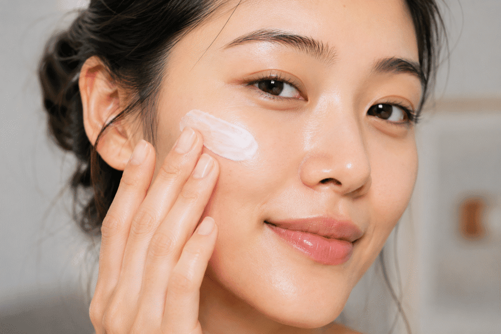 Close up photo of a girl applying face cream