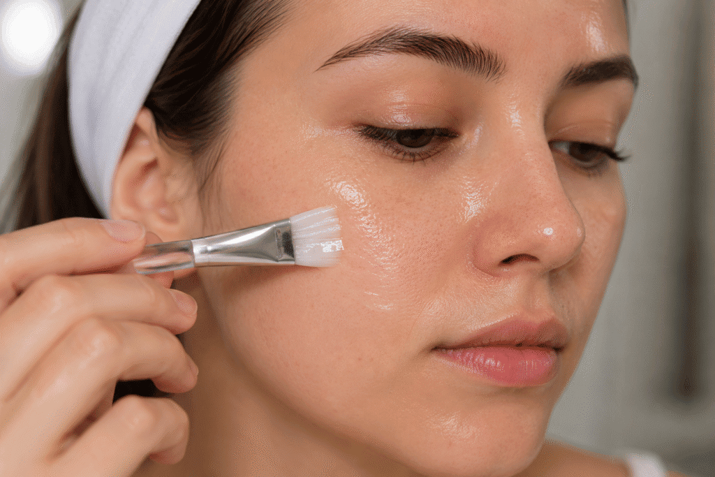 Close-up of a woman applying a chemical peel to her face