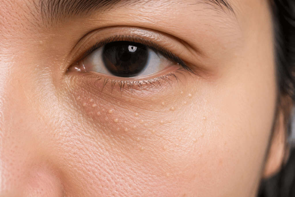 Close up photo of milia under eyes