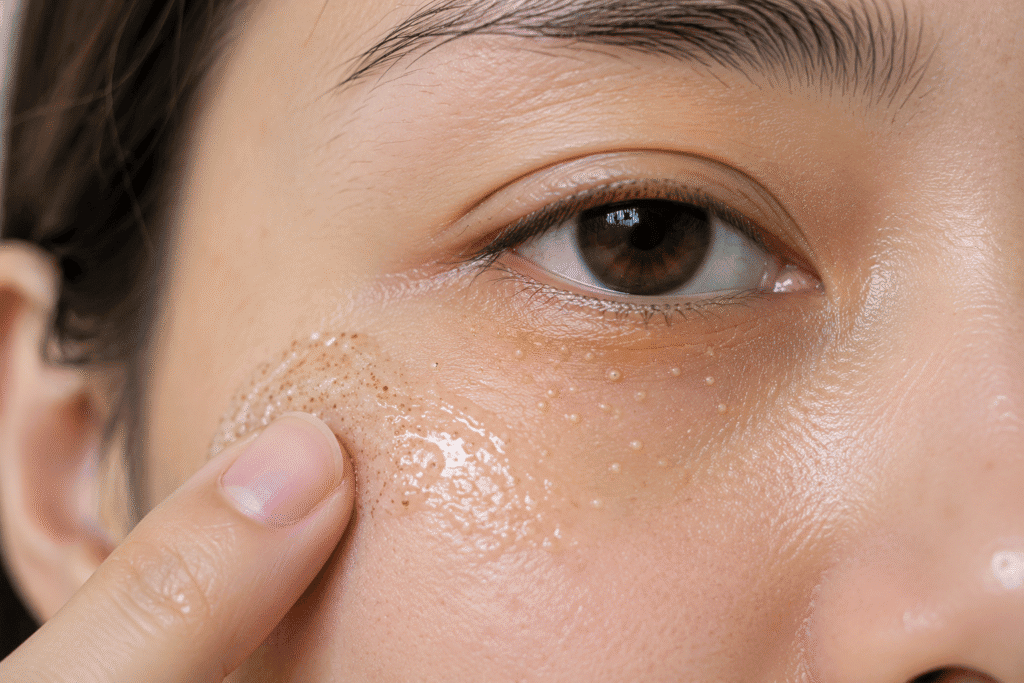 Close-up of a woman gently exfoliating milia under her eye.
