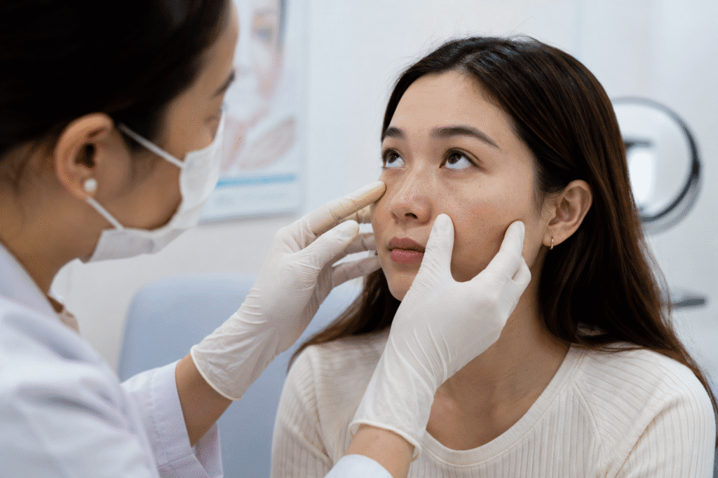 Woman having her under-eye area examined by a dermatologist.
