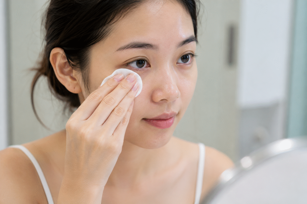 Woman gently wiping her under-eye area with a cotton pad.