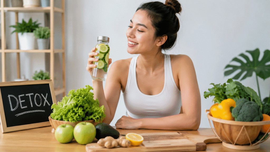 Can Detox Cause Acne? What to Know About Breakouts 1 Woman drinking a green detox smoothie